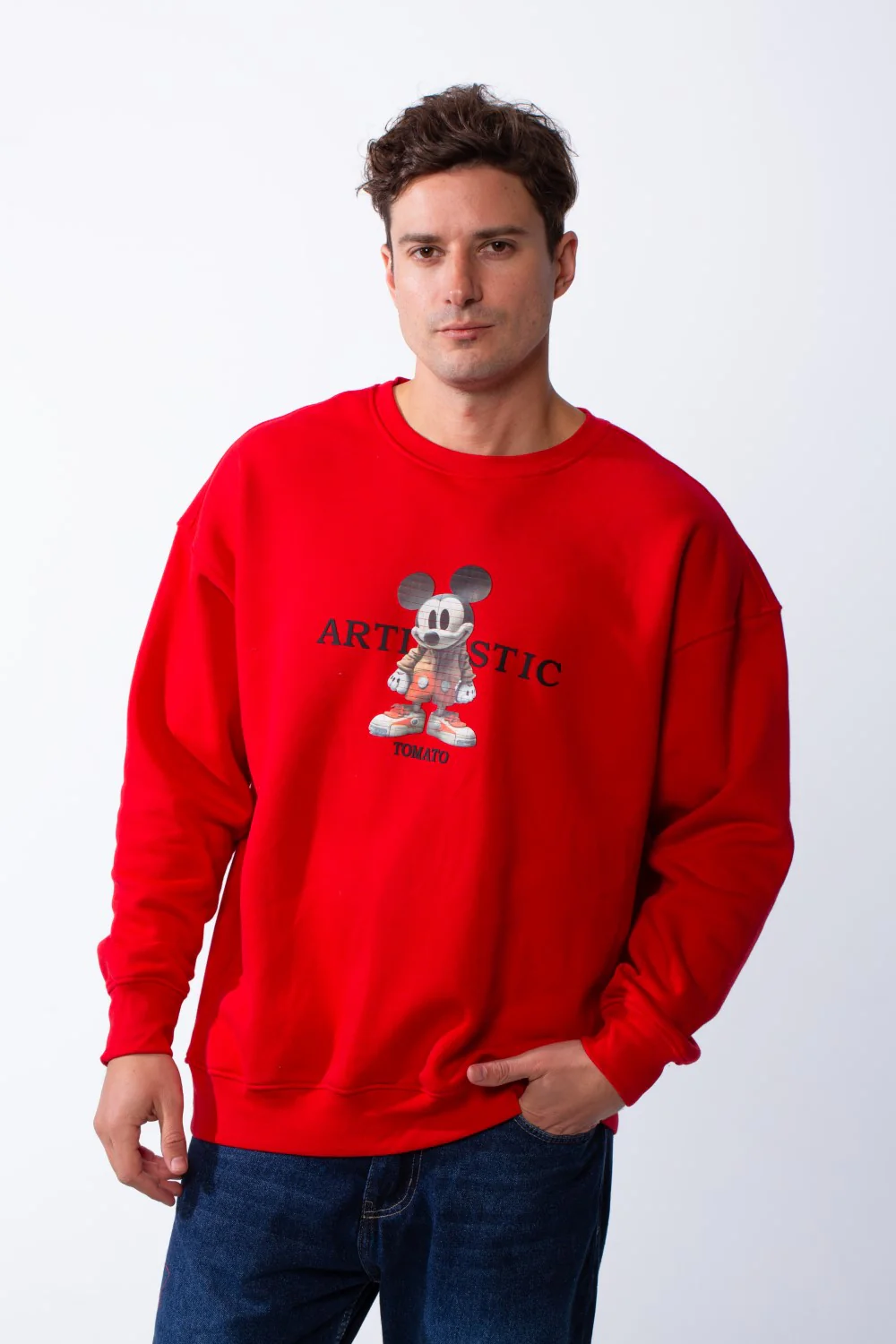 Men's Rounded Neckline With Playful Chest Print Long Sleeves Over Size Casual Everyday Wear Melton Sweatshirt - Image 5