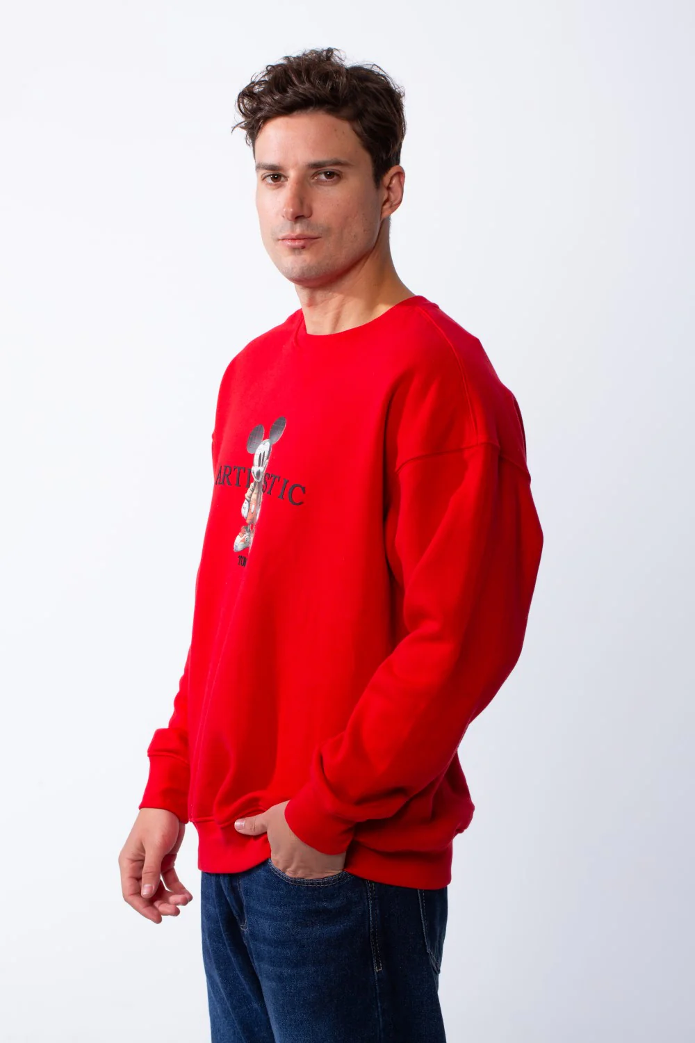 Men's Rounded Neckline With Playful Chest Print Long Sleeves Over Size Casual Everyday Wear Melton Sweatshirt - Image 8