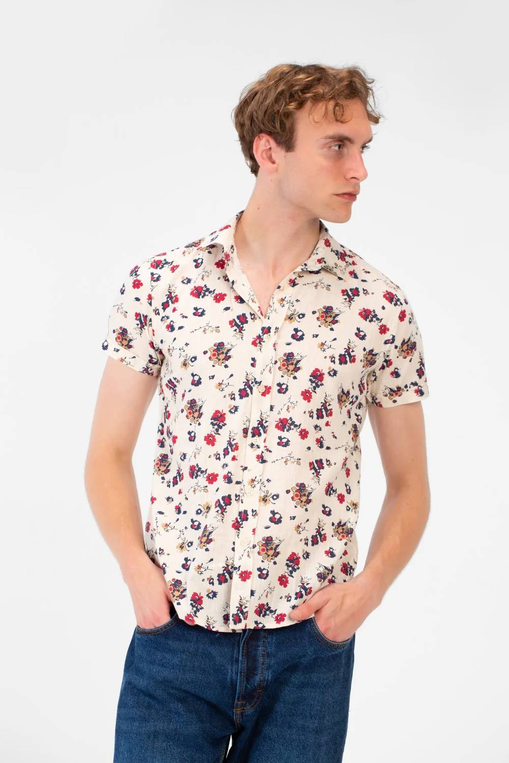 Men's Short Sleeve Floral Print Slim Fit Poplin Shirt - Image 5