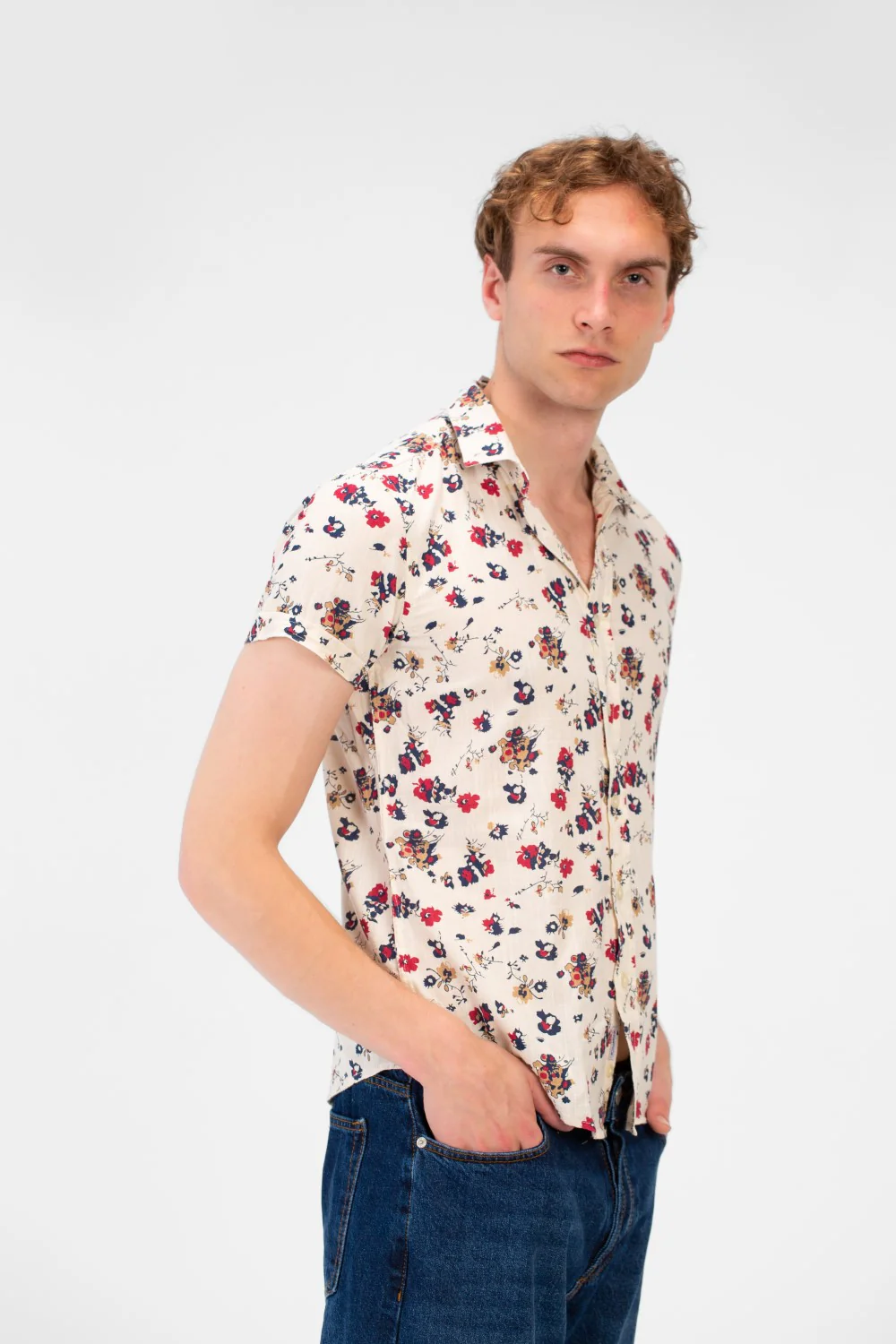 Men's Short Sleeve Floral Print Slim Fit Poplin Shirt - Image 7