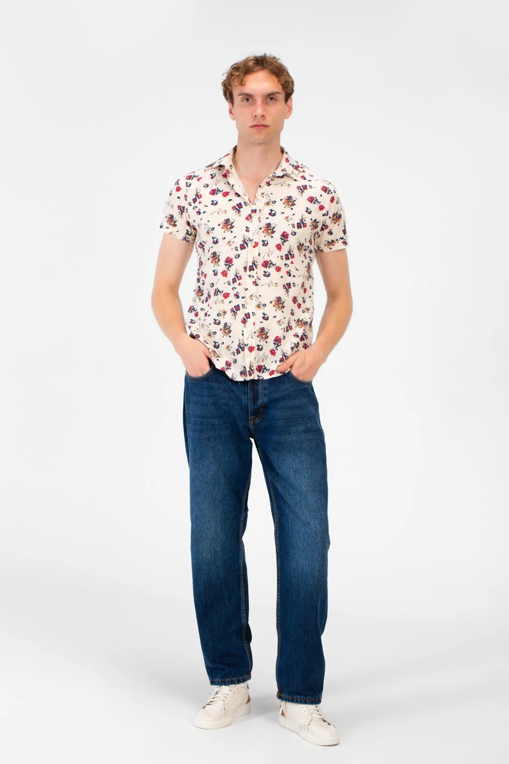 Men's Short Sleeve Floral Print Slim Fit Poplin Shirt - Image 8