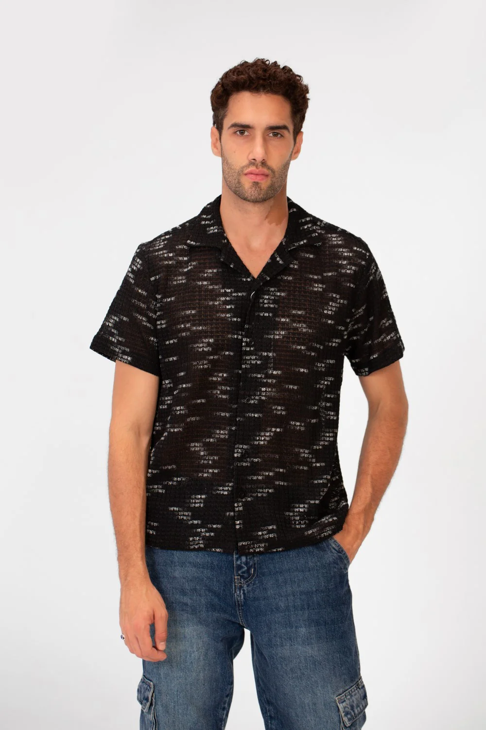 Men's Short Sleeve Slim Fit Transparent Modern Mesh Shirt - Image 5