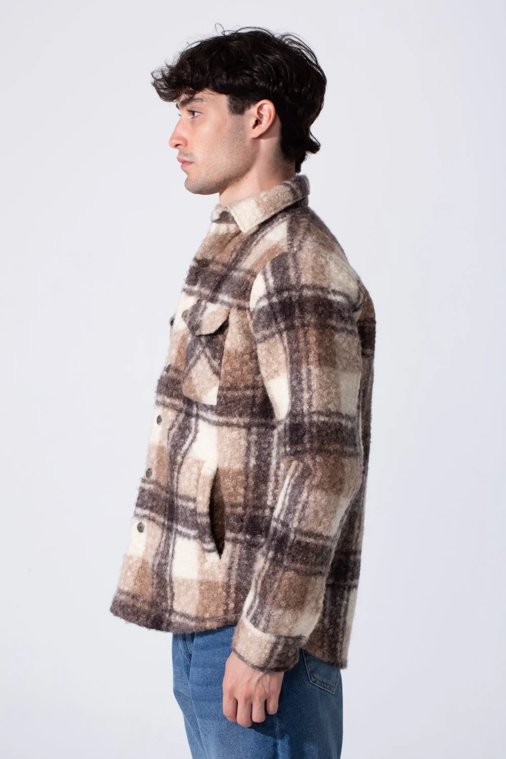 Men's Slim Fit Checked Wool Shirt With Long Sleeves And Front Pockets - Image 3