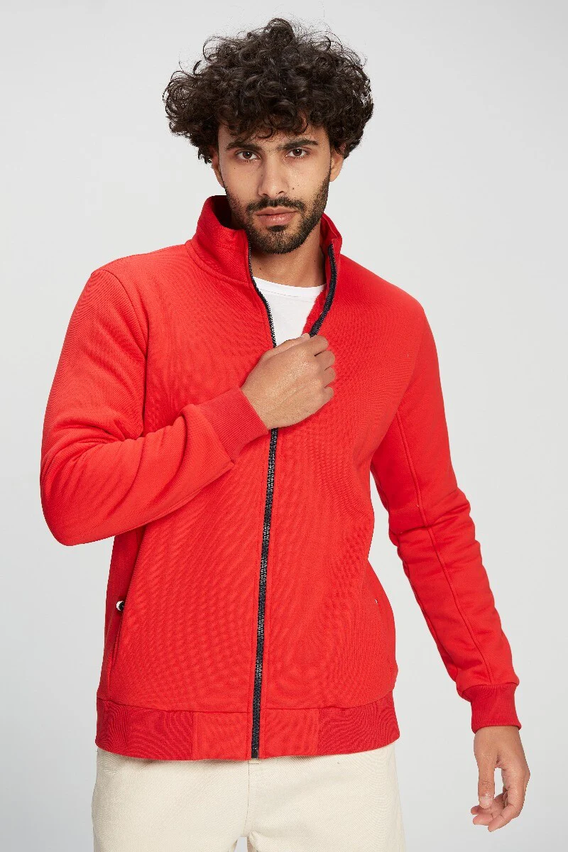 Men's Slim Fit Full Zipper Padded Basic Melton High Neck Sweatshirt