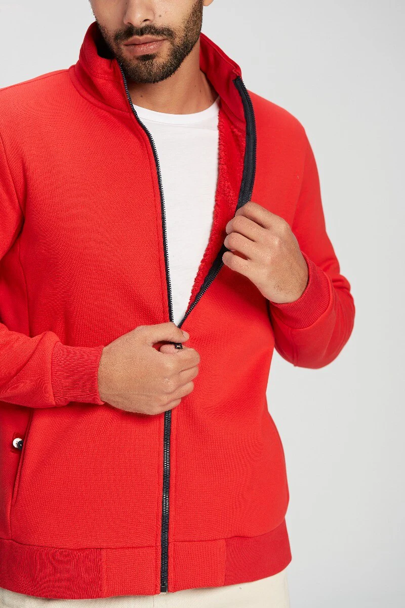 Men's Slim Fit Full Zipper Padded Basic Melton High Neck Sweatshirt - Image 4