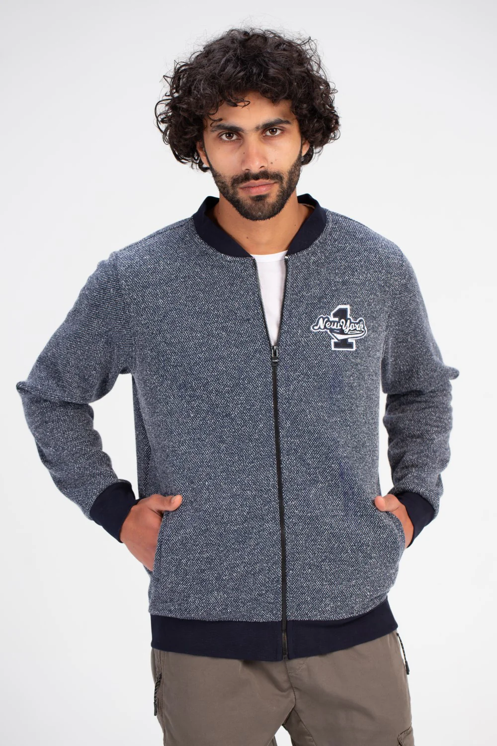 Men's Slim Fit Full Zipper Padded Front Chest Printed Melton Sweatshirt