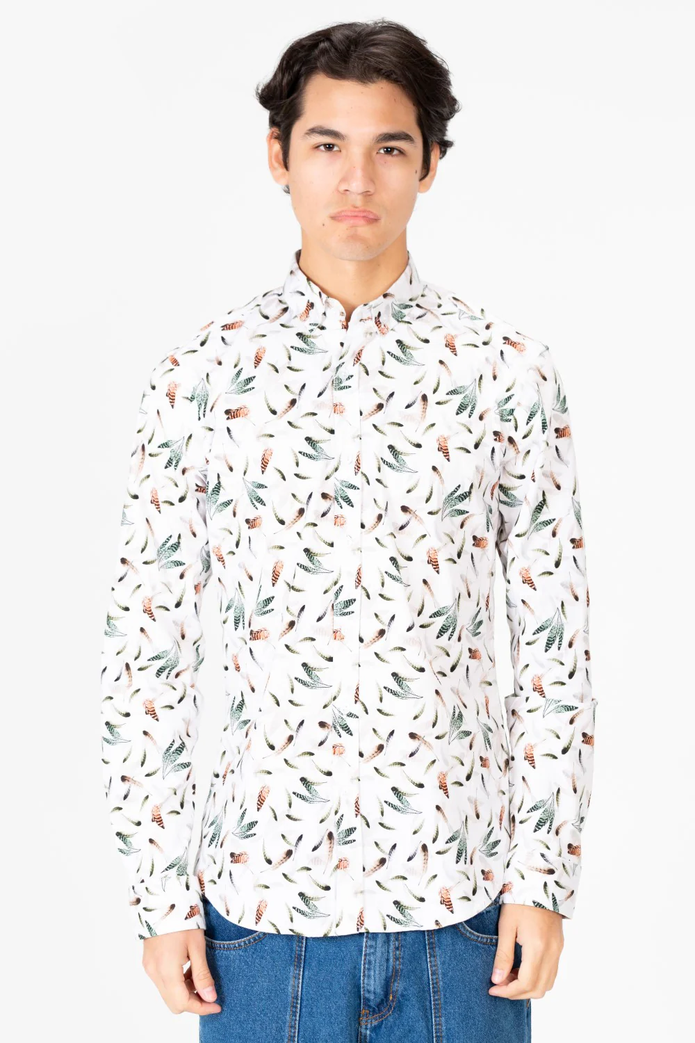 Men's Slim Fit Jakar Poplin Printed Long Sleeve Shirt White