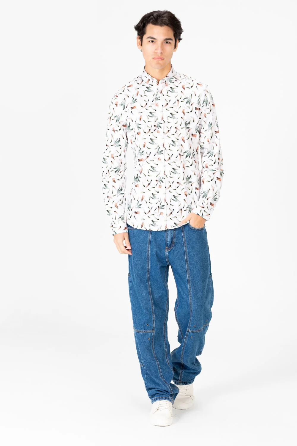 Men's Slim Fit Jakar Poplin Printed Long Sleeve Shirt White - Image 4