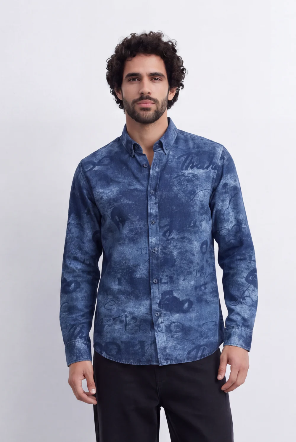 Men's Slim Fit Long Sleeve Denim Jacquard Shirt All-Over Washed Graffiti Print Casual Style Tomato Store