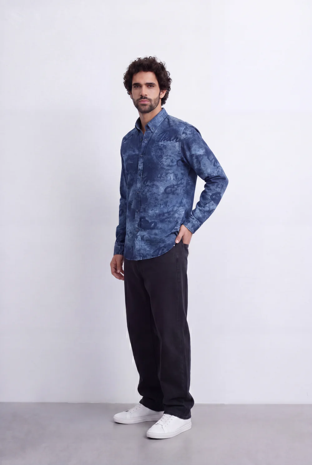 Men's Slim Fit Long Sleeve Denim Jacquard Shirt All-Over Washed Graffiti Print Casual Style Tomato Store - Image 3