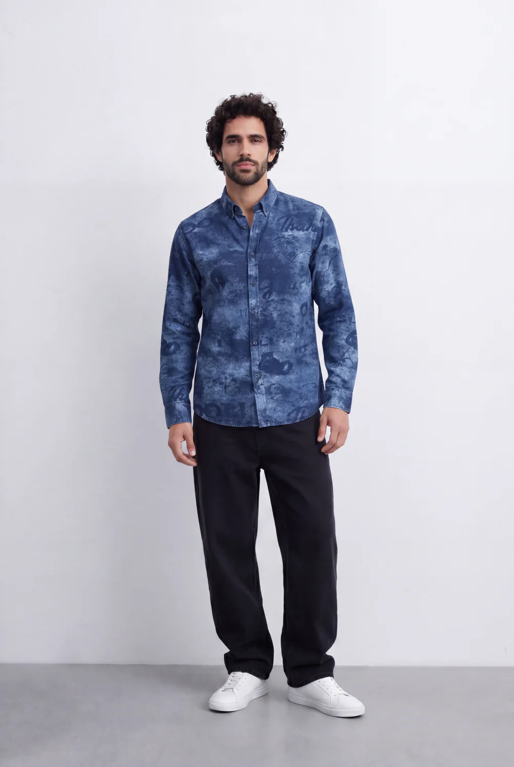 Men's Slim Fit Long Sleeve Denim Jacquard Shirt All-Over Washed Graffiti Print Casual Style Tomato Store - Image 4