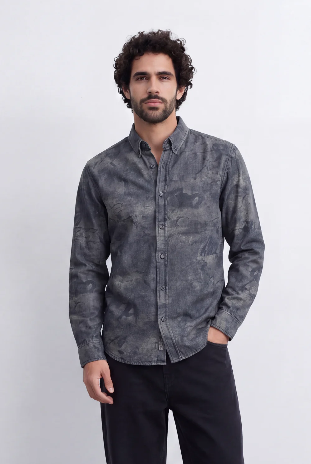 Men's Slim Fit Long Sleeve Denim Jacquard Shirt All-Over Washed Graffiti Print Casual Style Tomato Store - Image 5
