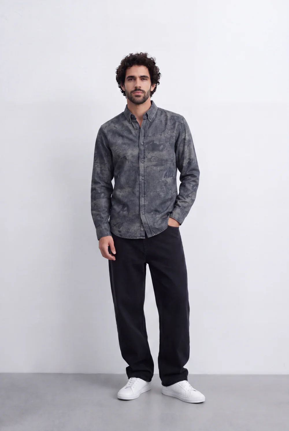Men's Slim Fit Long Sleeve Denim Jacquard Shirt All-Over Washed Graffiti Print Casual Style Tomato Store - Image 6