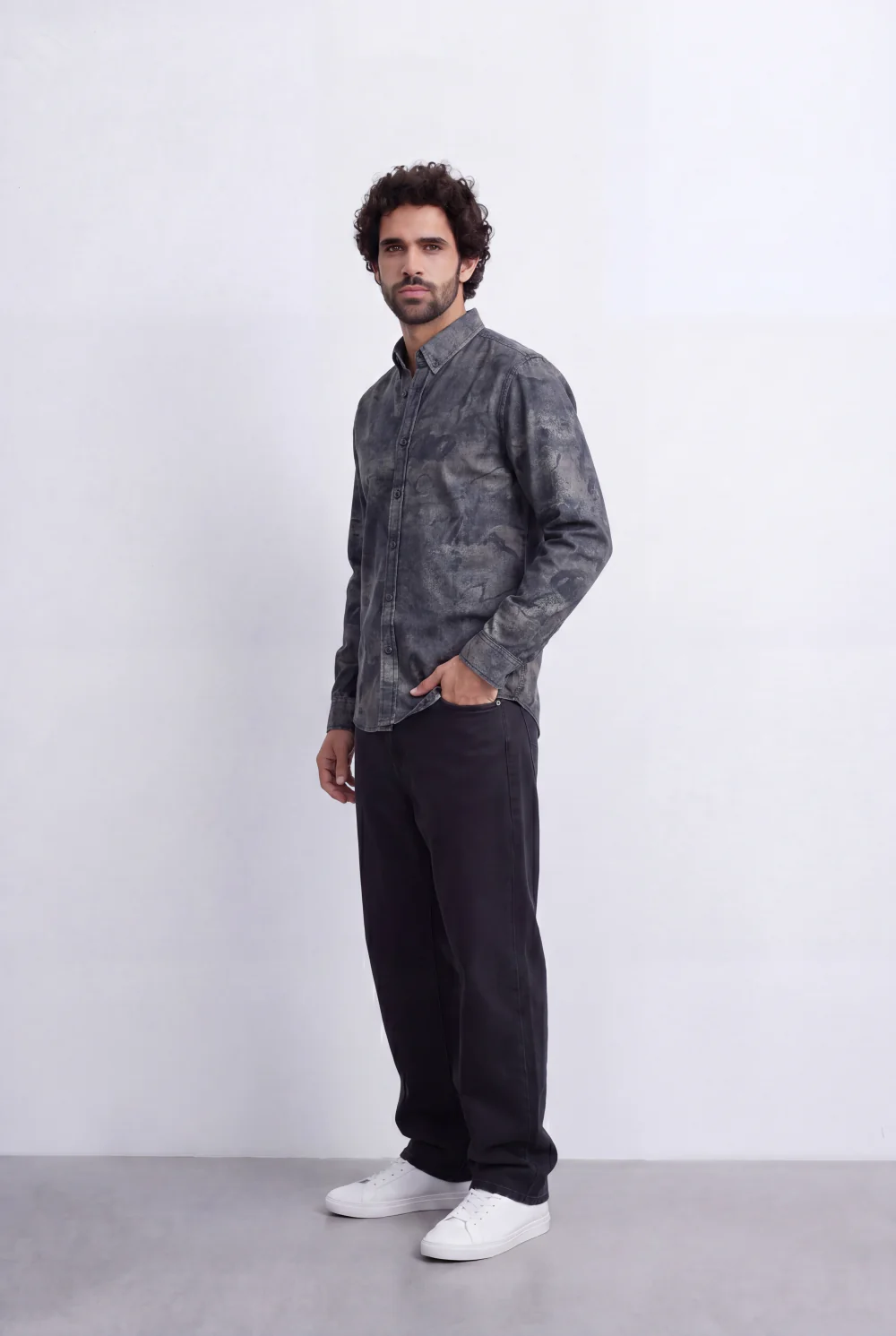 Men's Slim Fit Long Sleeve Denim Jacquard Shirt All-Over Washed Graffiti Print Casual Style Tomato Store - Image 7