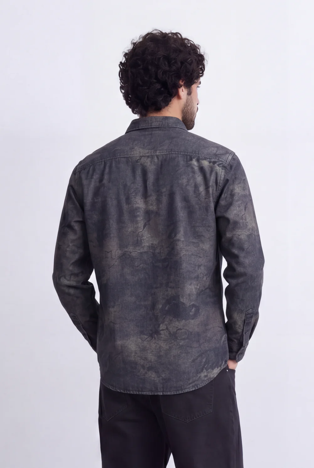 Men's Slim Fit Long Sleeve Denim Jacquard Shirt All-Over Washed Graffiti Print Casual Style Tomato Store - Image 8