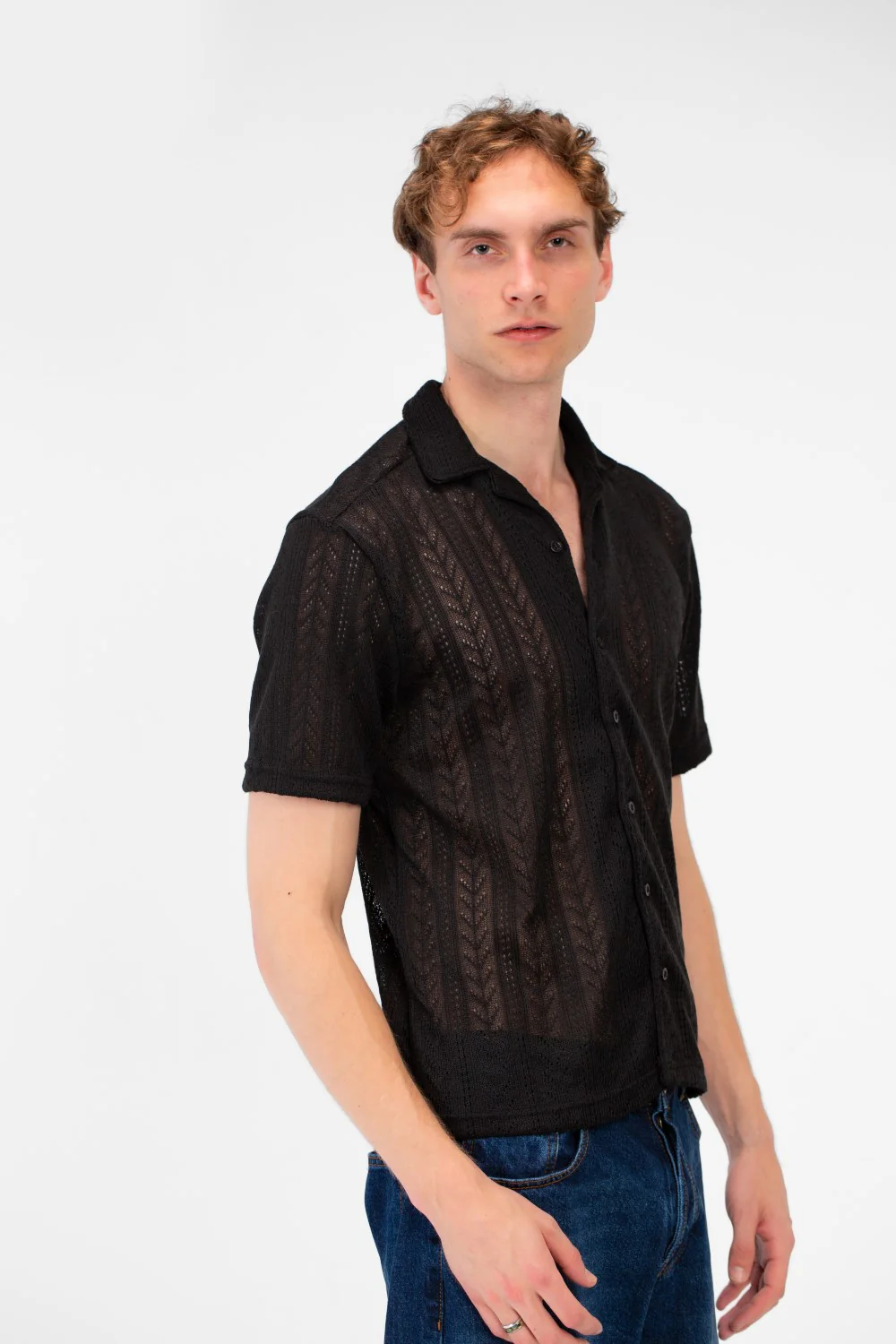 Men's Slim Fit Mesh Collar Button Front Half Sleeve Shirt - Image 3