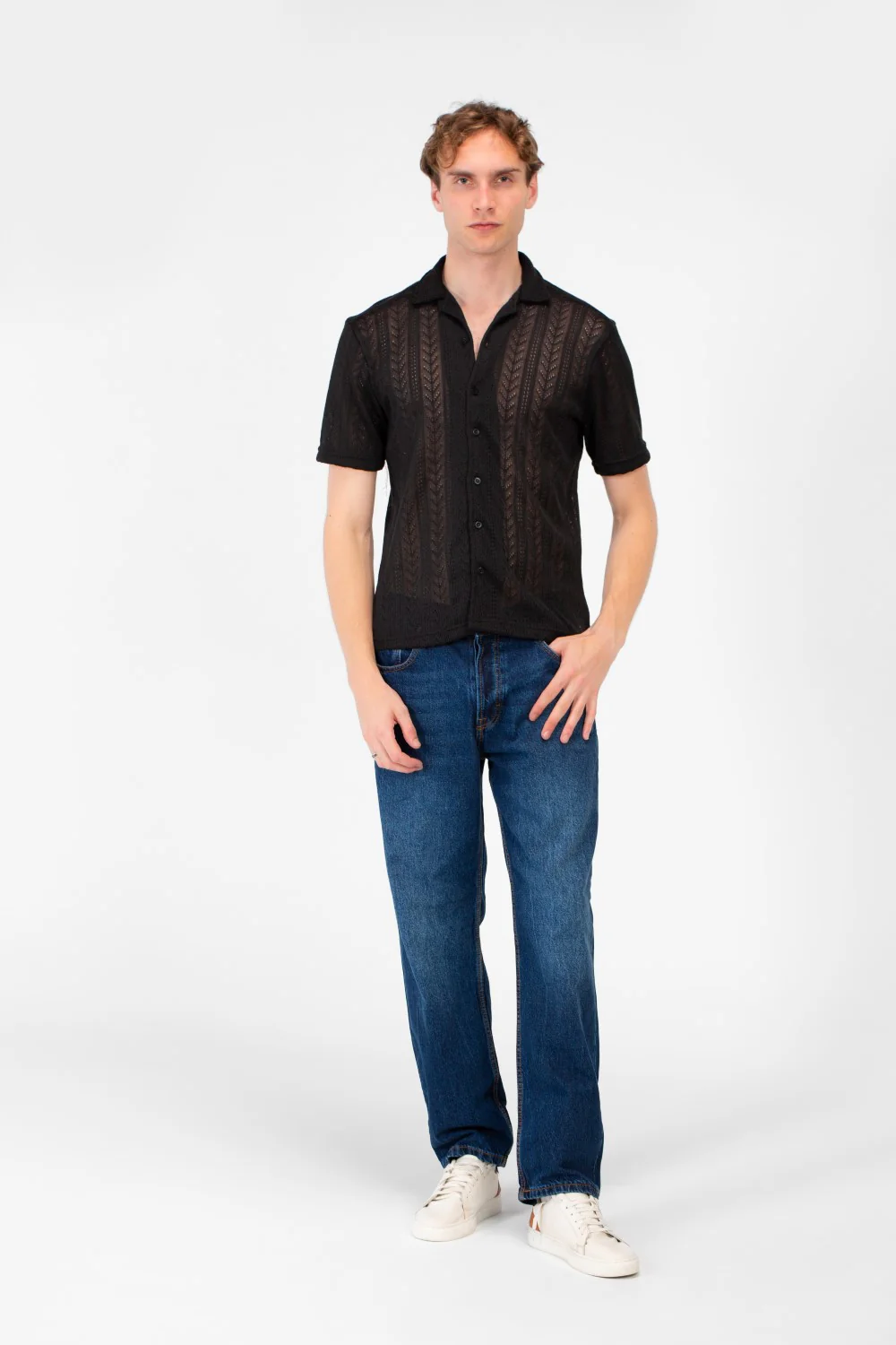 Men's Slim Fit Mesh Collar Button Front Half Sleeve Shirt - Image 4