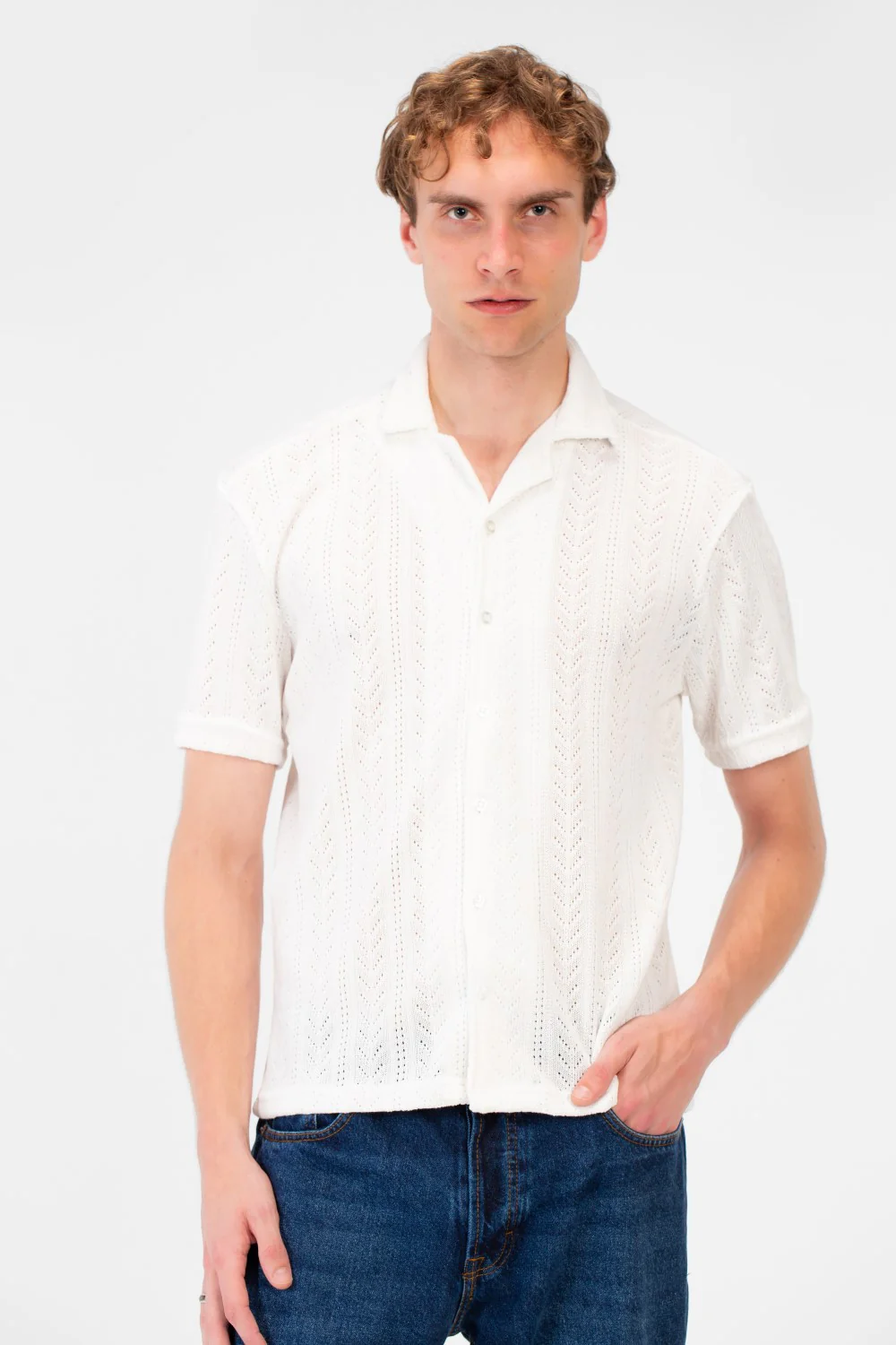 Men's Slim Fit Mesh Collar Button Front Half Sleeve Shirt - Image 5