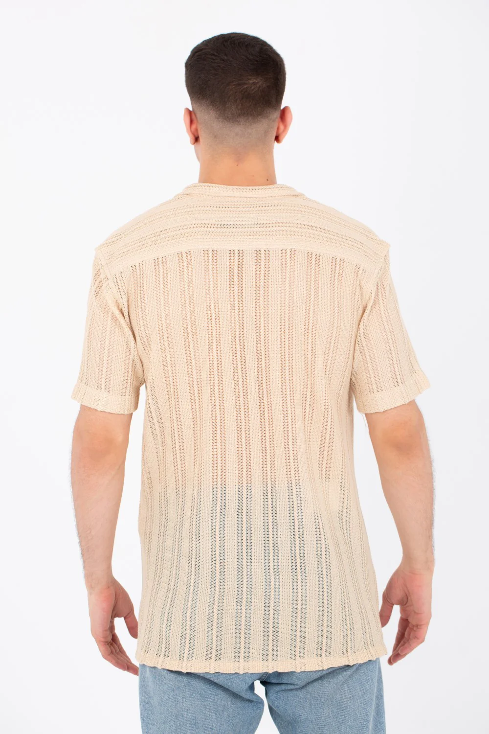 Mens Slim Fit See Through Trico Shirt Short Sleeve Button Front - Image 2