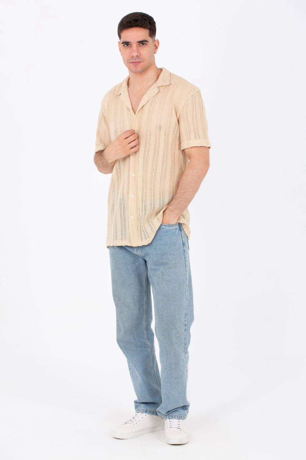 Mens Slim Fit See Through Trico Shirt Short Sleeve Button Front - Image 3