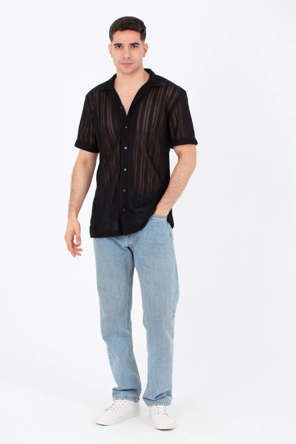 Mens Slim Fit See Through Trico Shirt Short Sleeve Button Front - Image 4