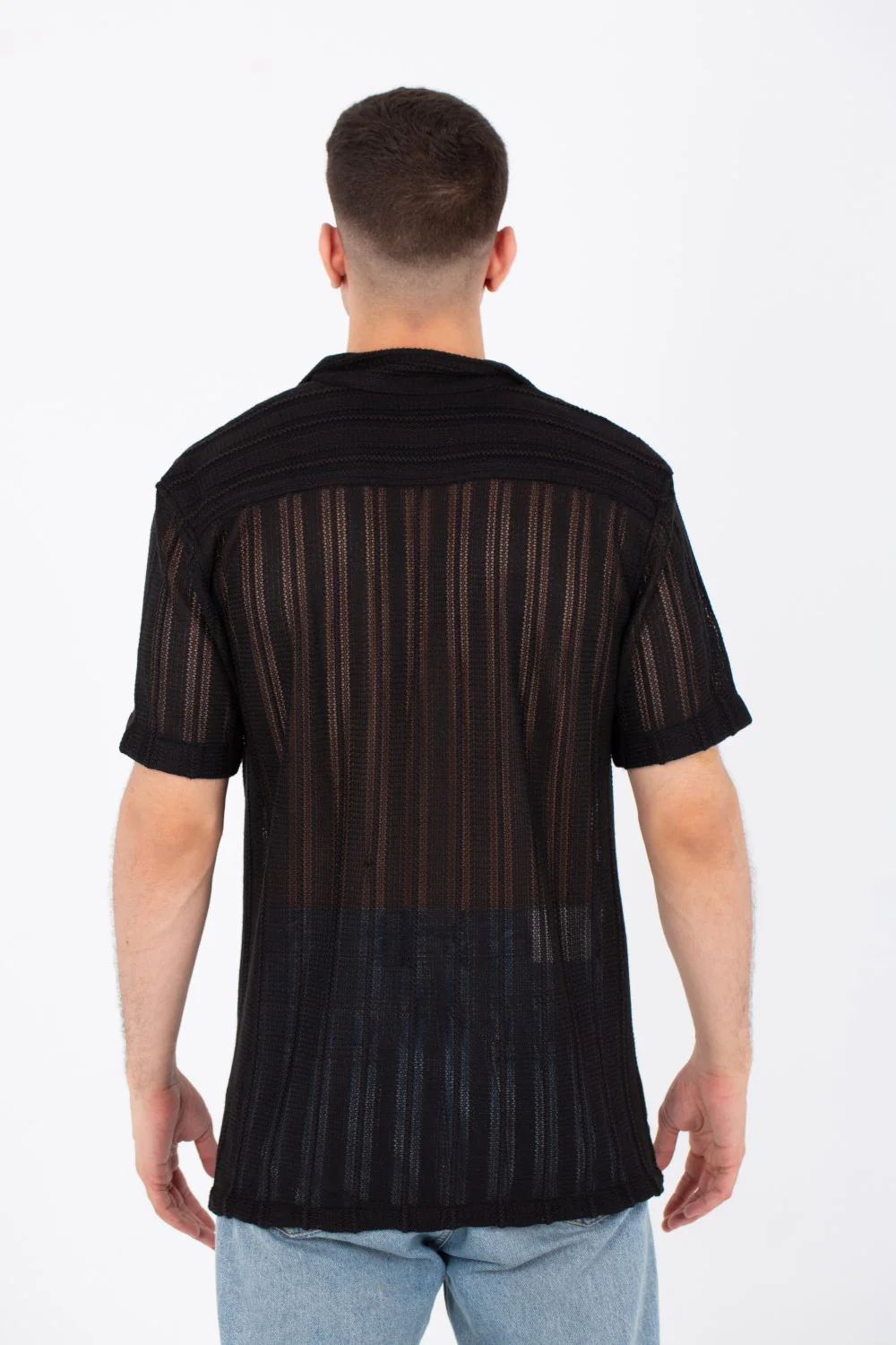 Mens Slim Fit See Through Trico Shirt Short Sleeve Button Front - Image 5