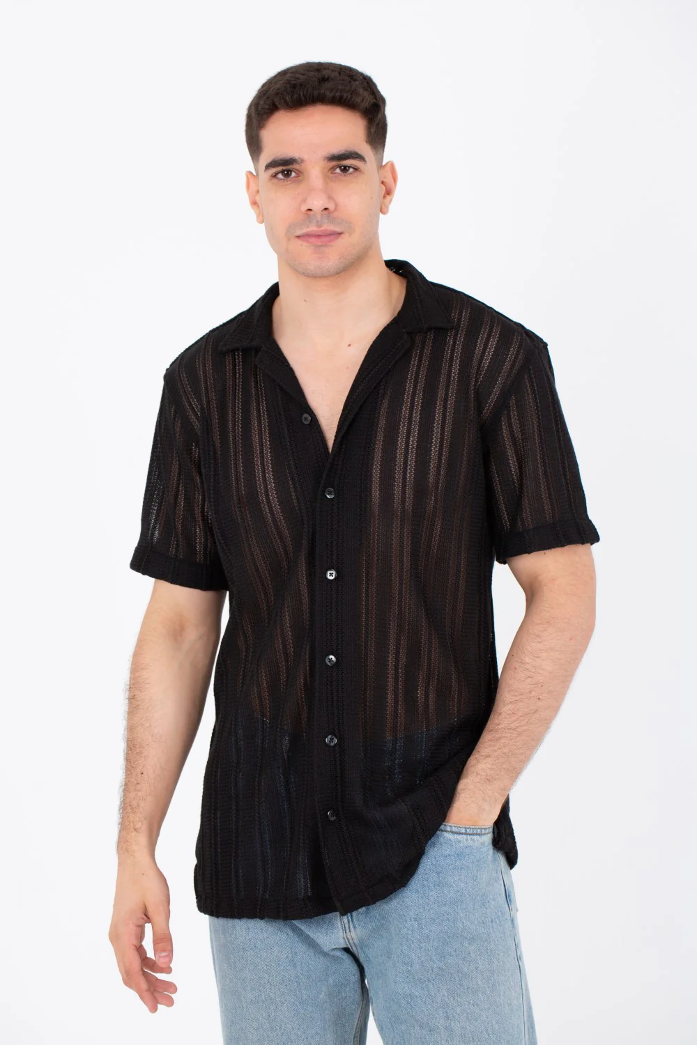 Mens Slim Fit See Through Trico Shirt Short Sleeve Button Front - Image 6