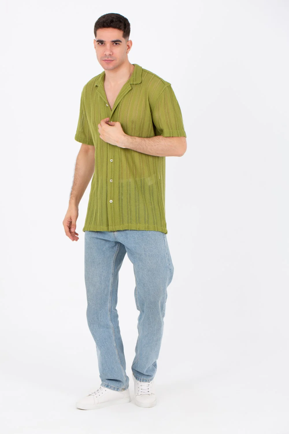 Mens Slim Fit See Through Trico Shirt Short Sleeve Button Front - Image 7