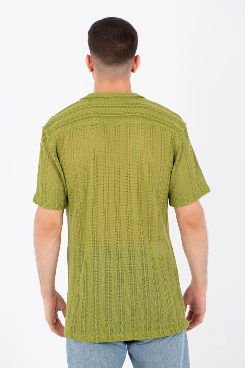 Mens Slim Fit See Through Trico Shirt Short Sleeve Button Front - Image 8