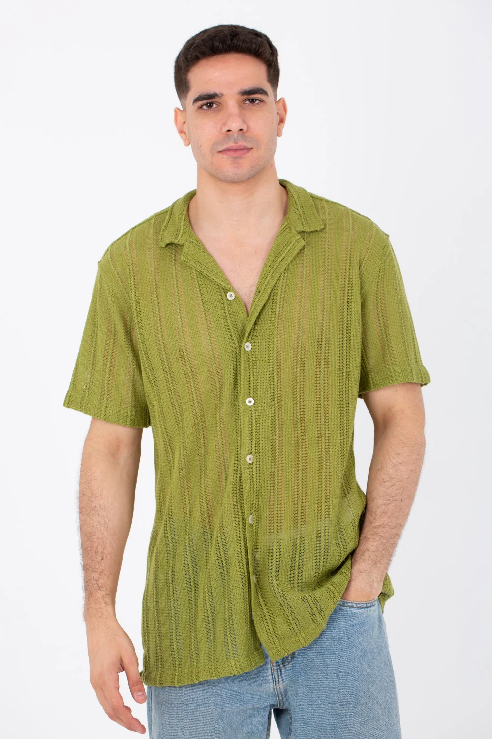 Mens Slim Fit See Through Trico Shirt Short Sleeve Button Front - Image 9