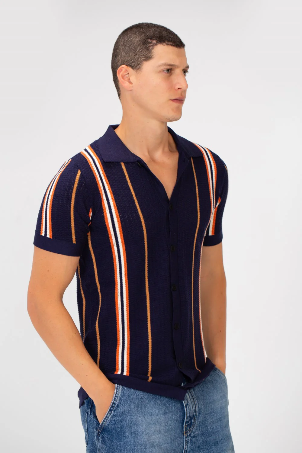 Men's Slim Fit Striped Full Button Short Sleeve Polo Shirt - Image 11