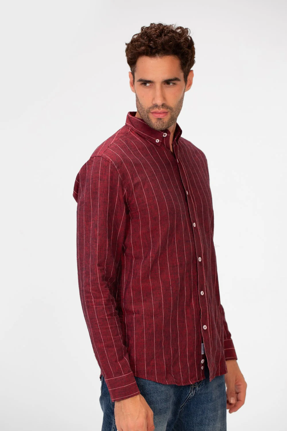 Men's Slim Fit Striped Long Sleeves Linen Shirt In Basic Modern Colors - Image 11