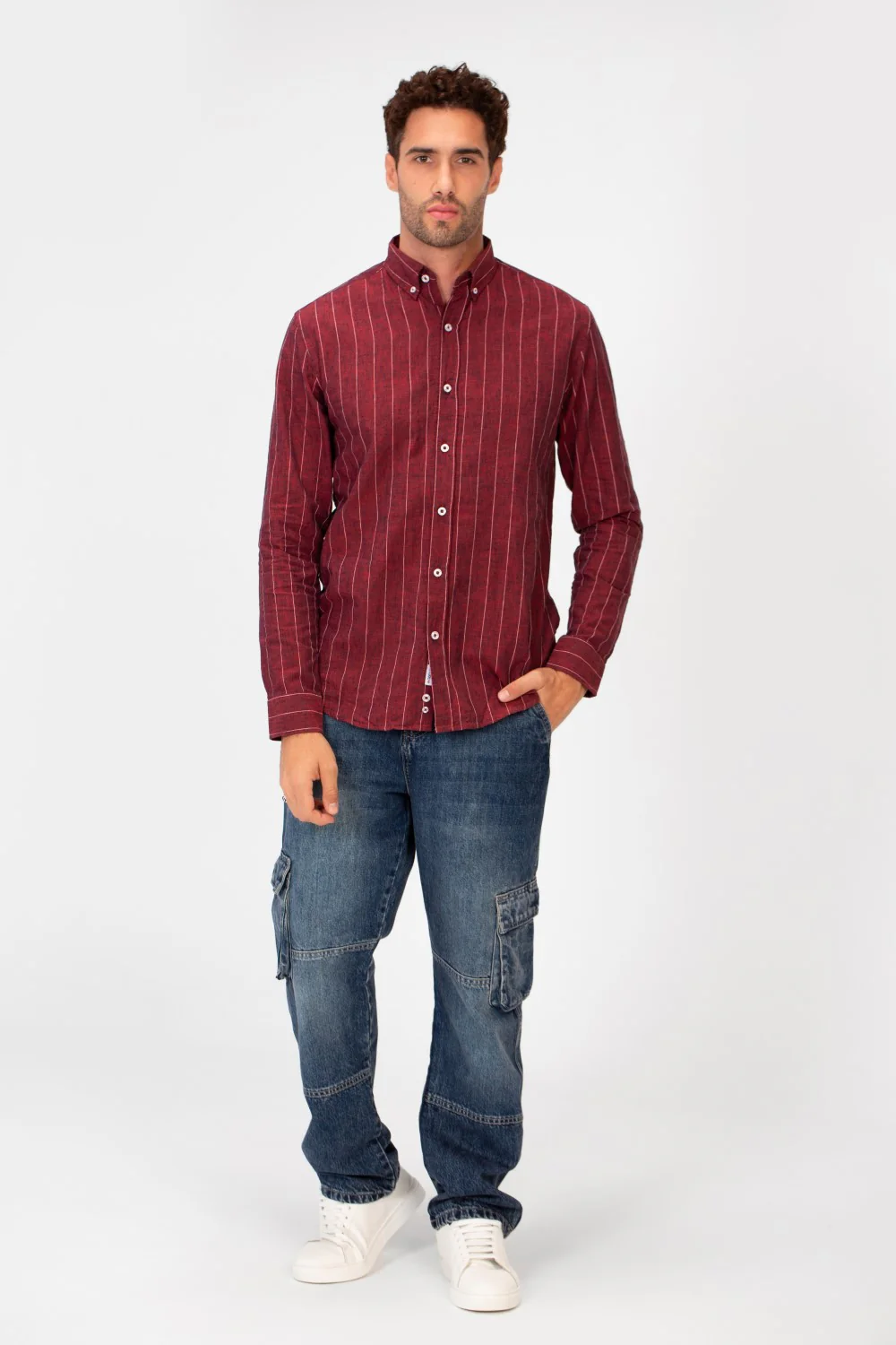 Men's Slim Fit Striped Long Sleeves Linen Shirt In Basic Modern Colors - Image 12