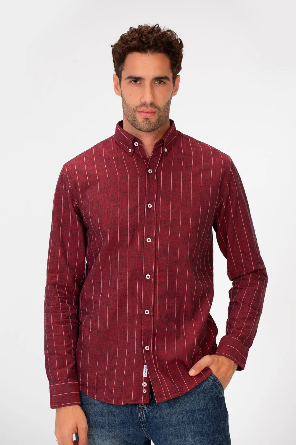 Men's Slim Fit Striped Long Sleeves Linen Shirt In Basic Modern Colors - Image 9