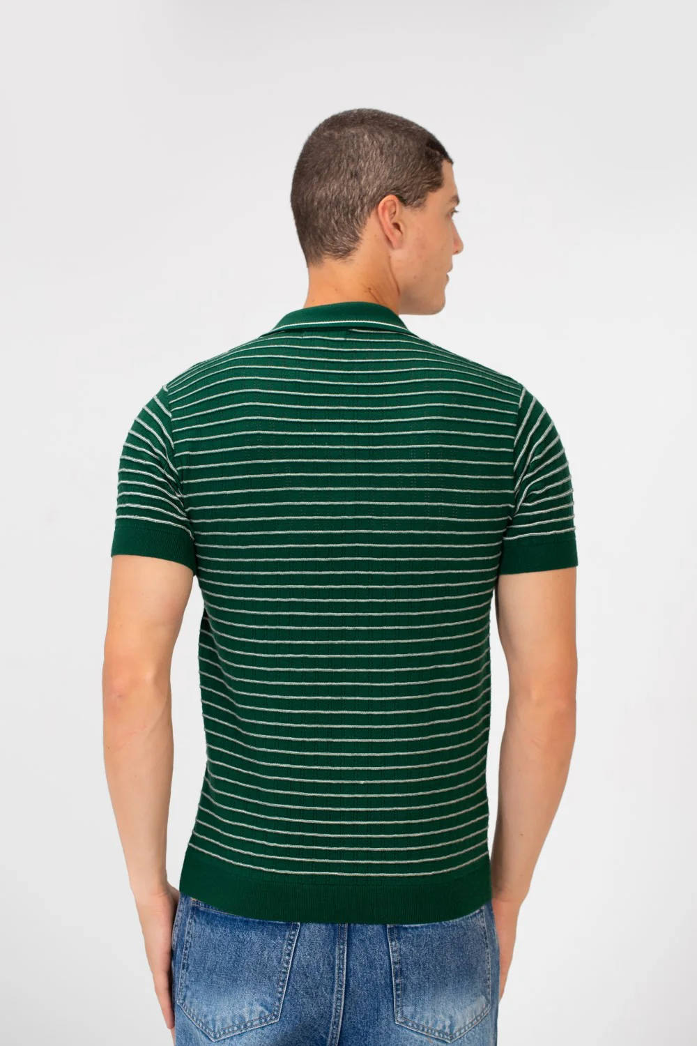 Men's Slim Fit Striped Short Sleeve Half Buttons Polo T-Shirt - Image 10