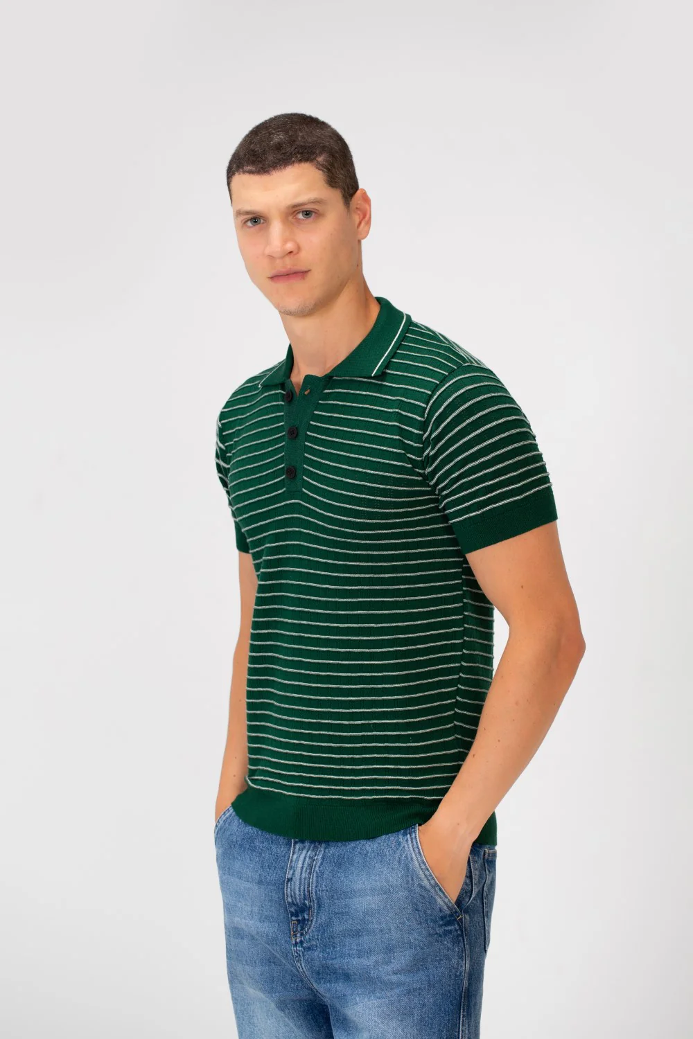 Men's Slim Fit Striped Short Sleeve Half Buttons Polo T-Shirt - Image 11