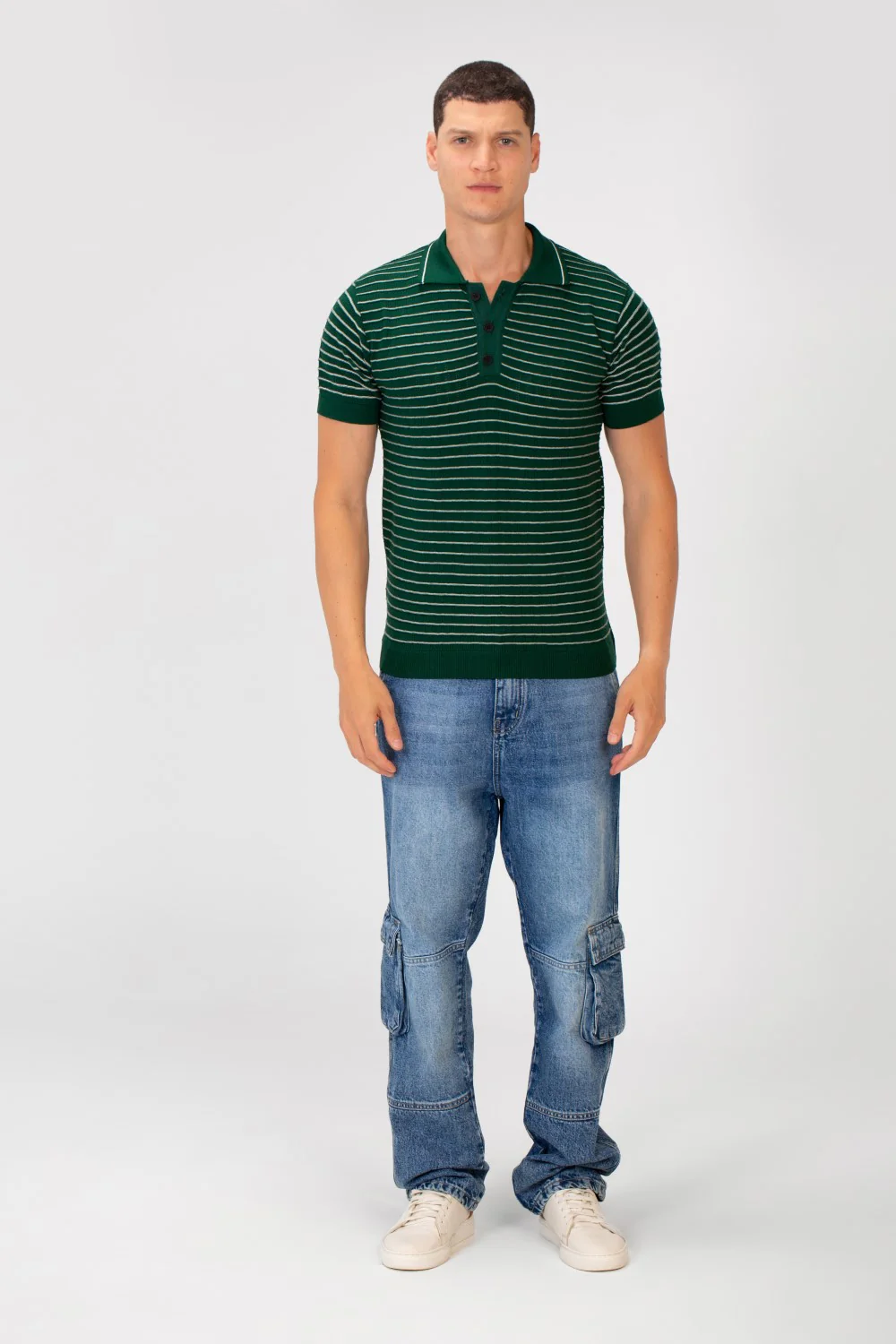 Men's Slim Fit Striped Short Sleeve Half Buttons Polo T-Shirt - Image 12