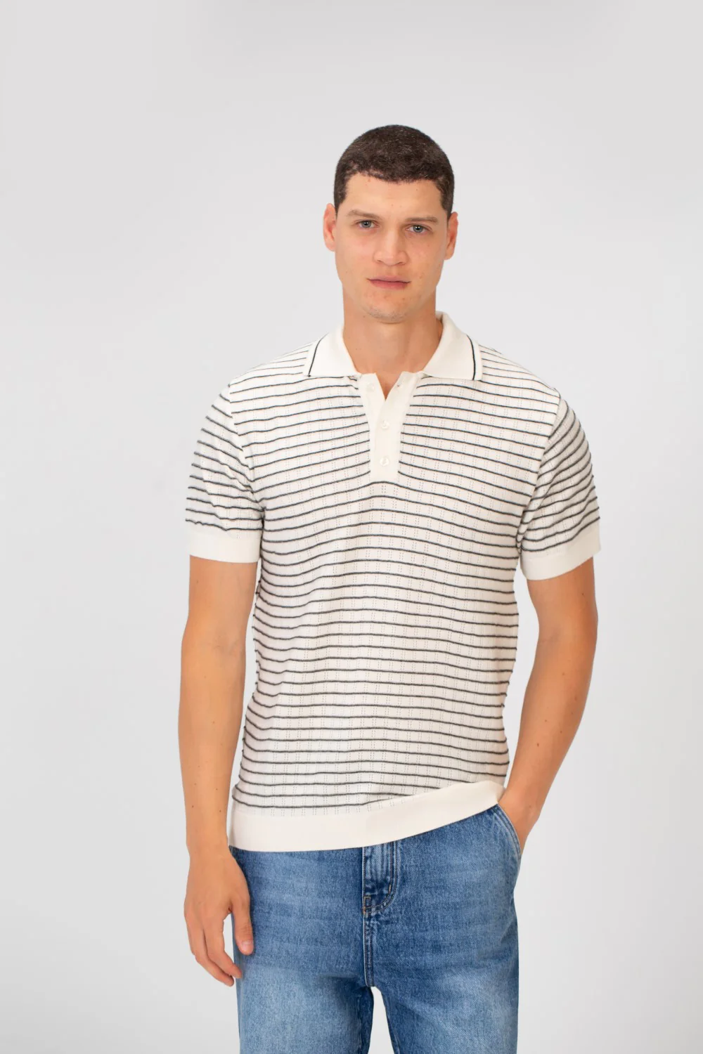 Men's Slim Fit Striped Short Sleeve Half Buttons Polo T-Shirt - Image 13