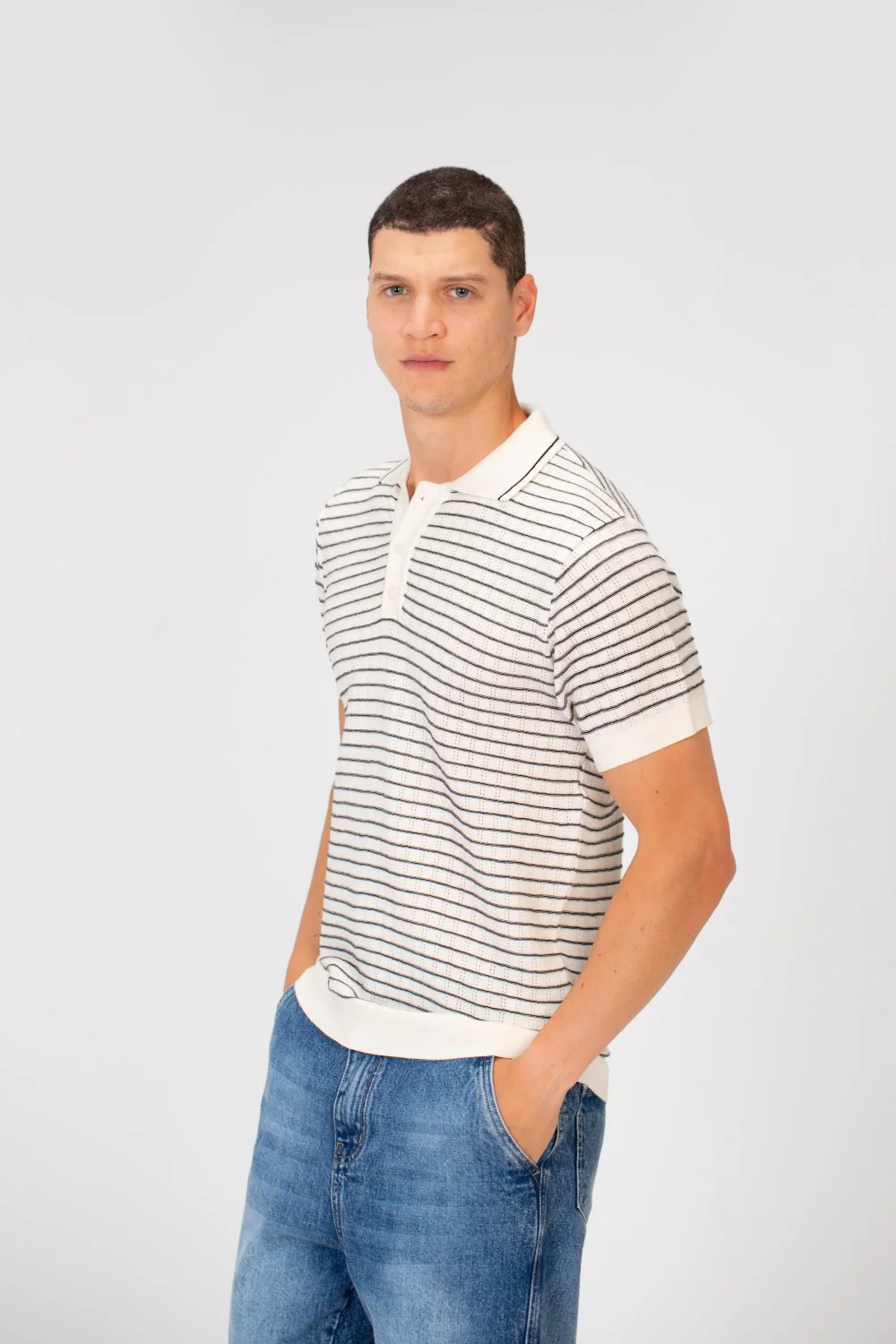 Men's Slim Fit Striped Short Sleeve Half Buttons Polo T-Shirt - Image 15