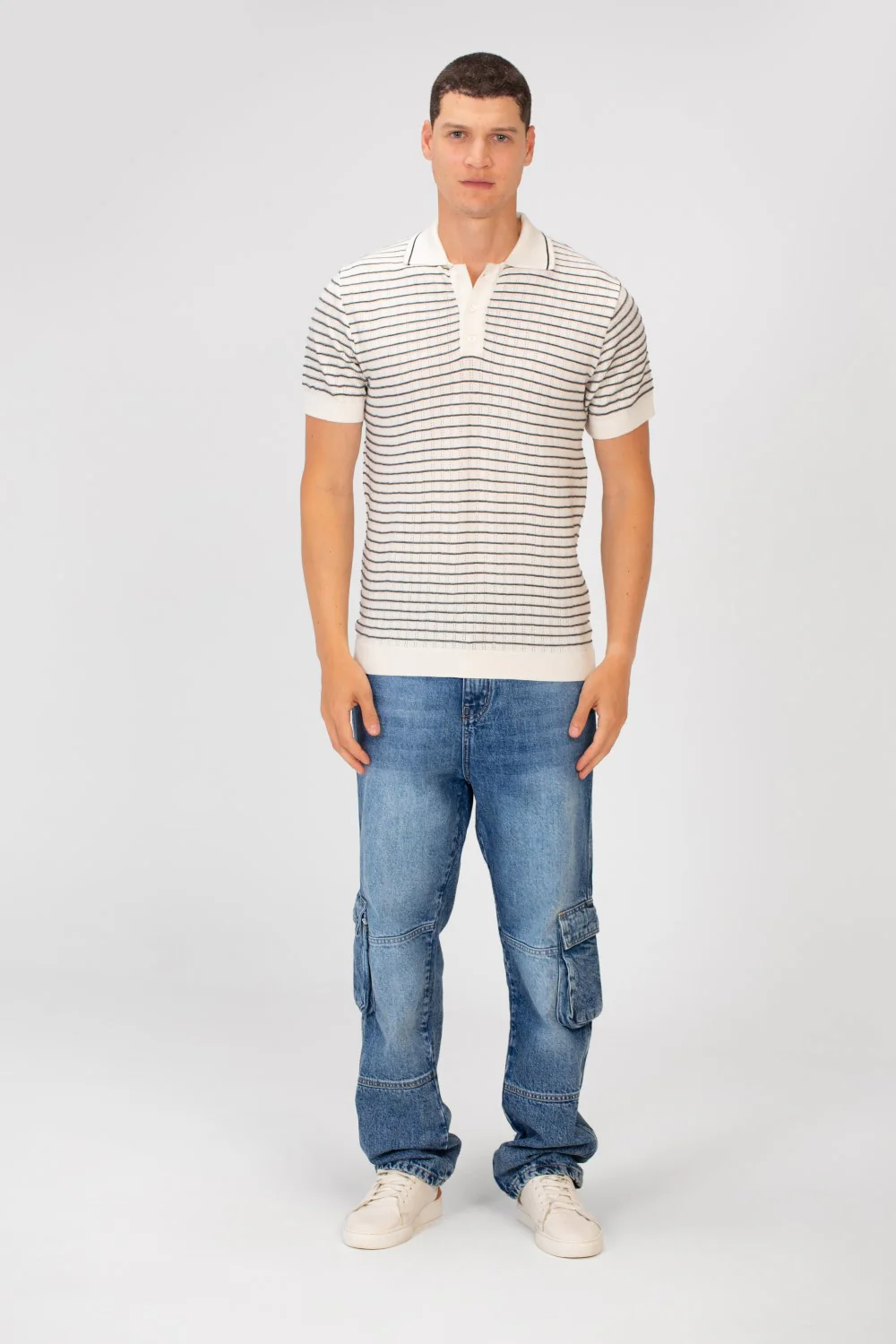 Men's Slim Fit Striped Short Sleeve Half Buttons Polo T-Shirt - Image 16