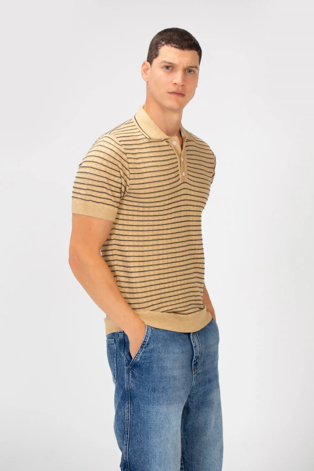 Men's Slim Fit Striped Short Sleeve Half Buttons Polo T-Shirt - Image 3