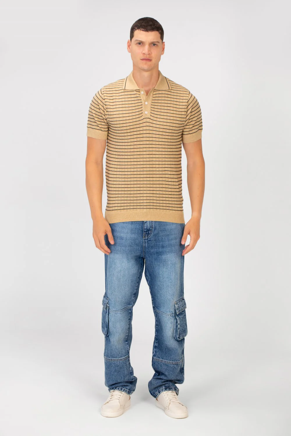 Men's Slim Fit Striped Short Sleeve Half Buttons Polo T-Shirt - Image 4