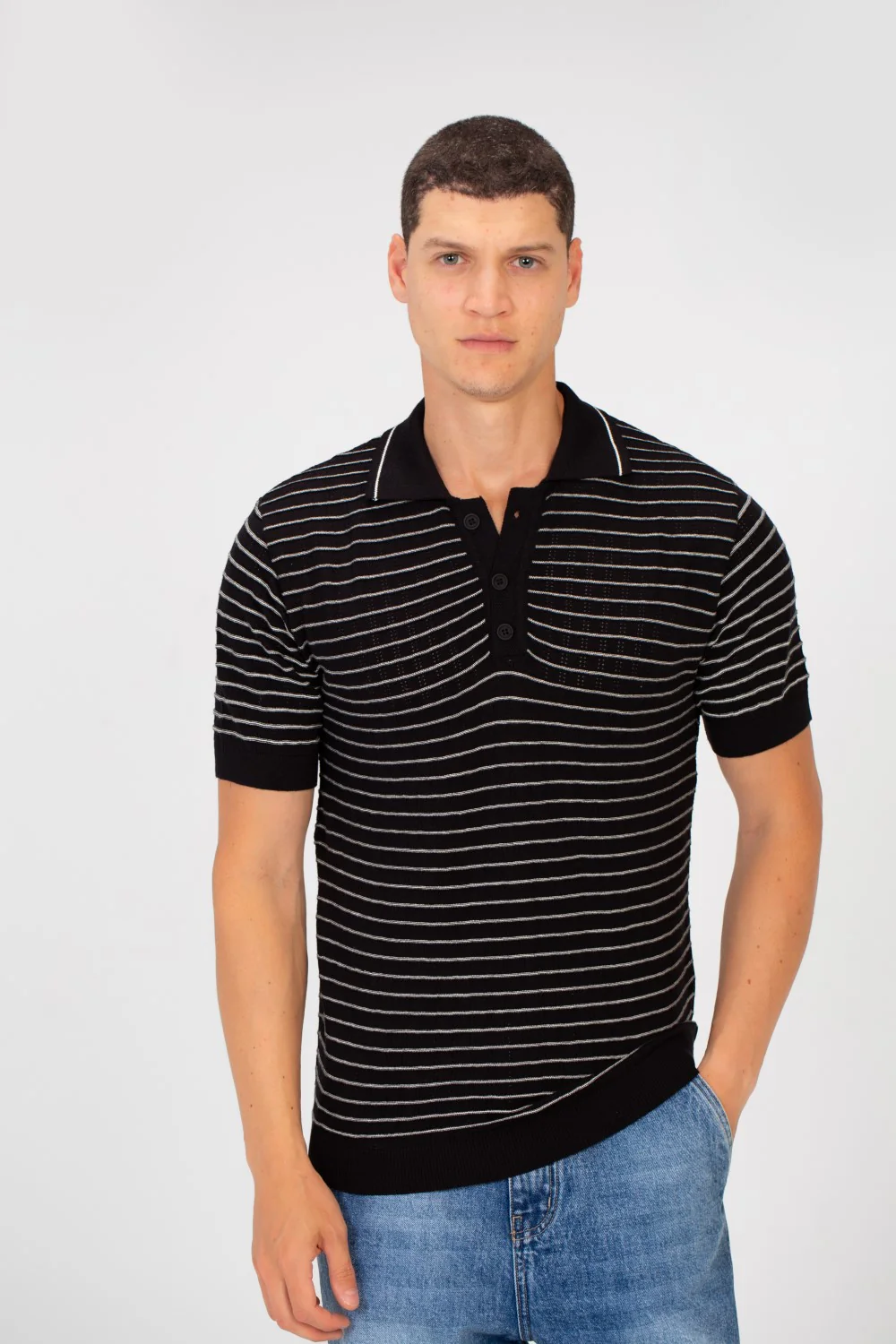 Men's Slim Fit Striped Short Sleeve Half Buttons Polo T-Shirt - Image 5