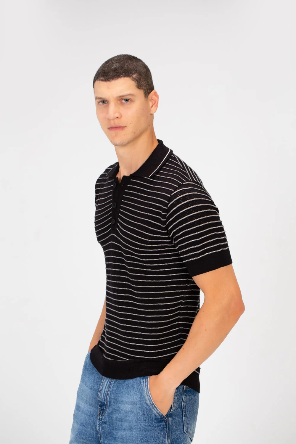 Men's Slim Fit Striped Short Sleeve Half Buttons Polo T-Shirt - Image 7