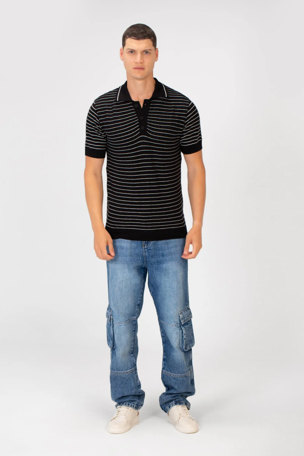 Men's Slim Fit Striped Short Sleeve Half Buttons Polo T-Shirt - Image 8