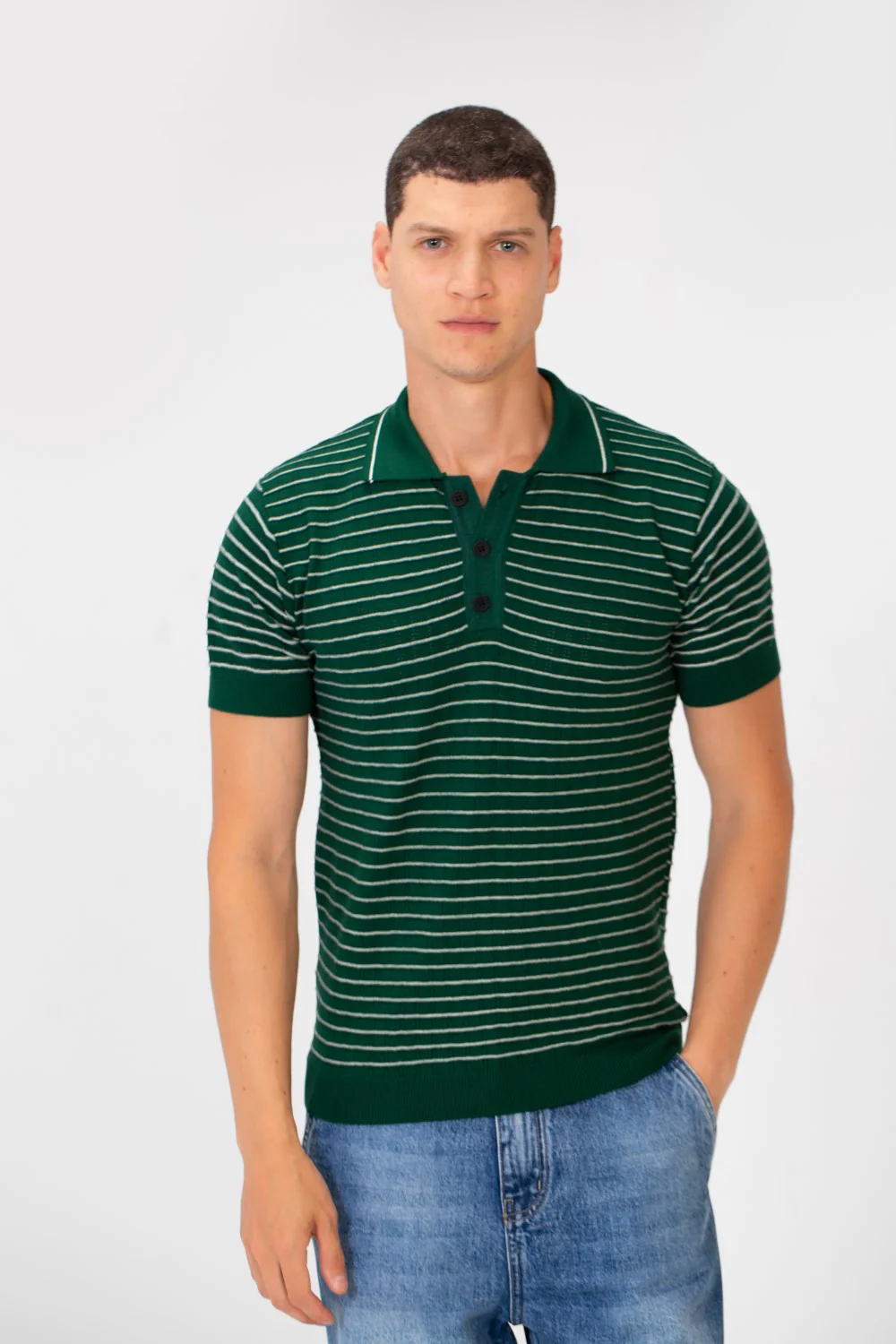 Men's Slim Fit Striped Short Sleeve Half Buttons Polo T-Shirt - Image 9