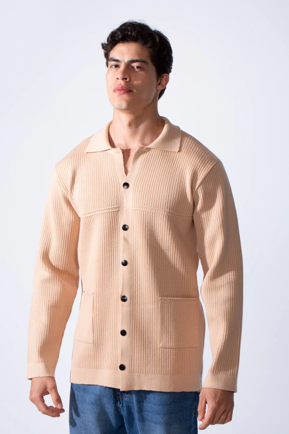 Men's Slim Fit Polo Neck Breathable Textured Fabric Front Pockets Knit Pullover
