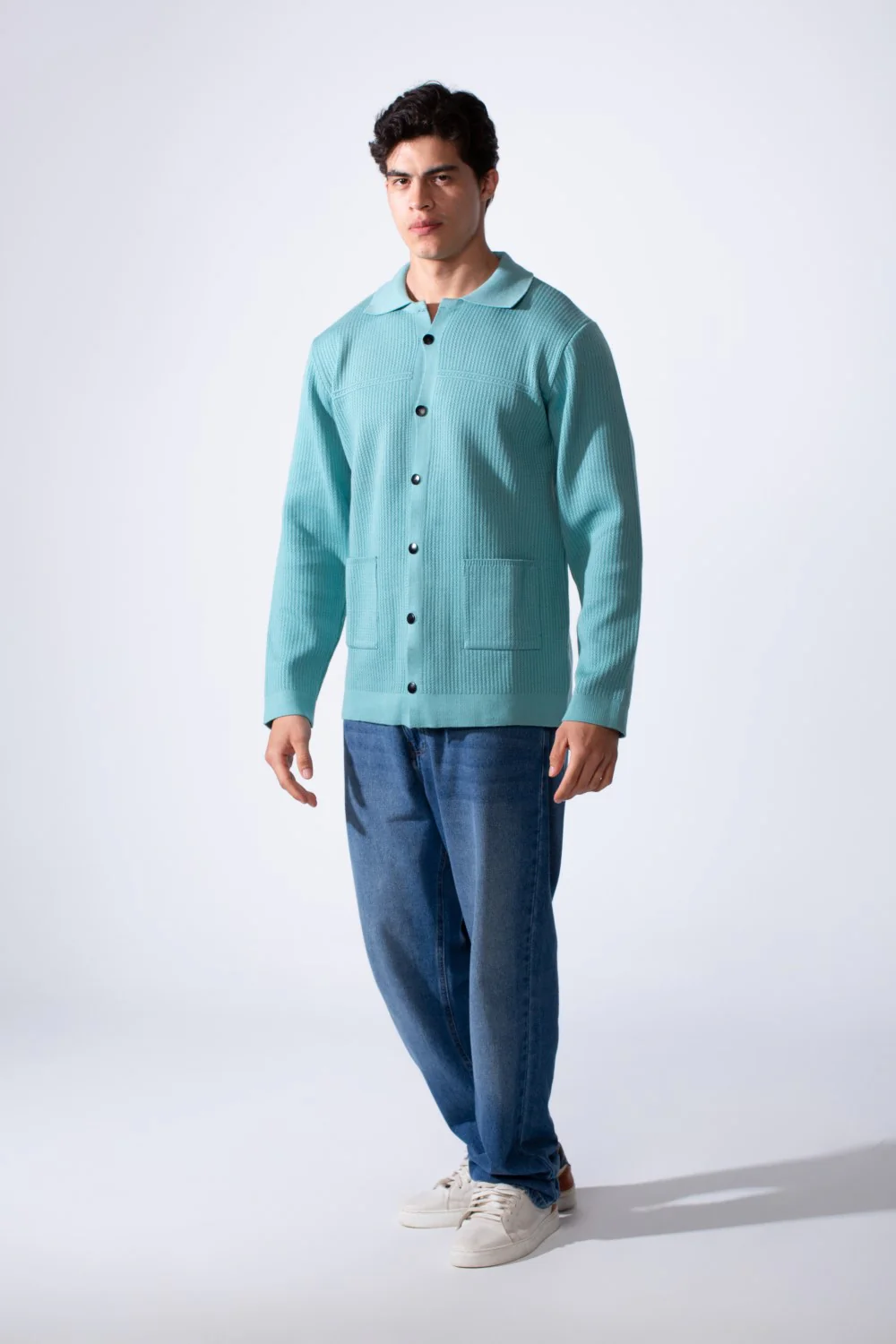 Men's Slim Fit Polo Neck Breathable Textured Fabric Front Pockets Knit Pullover - Image 11