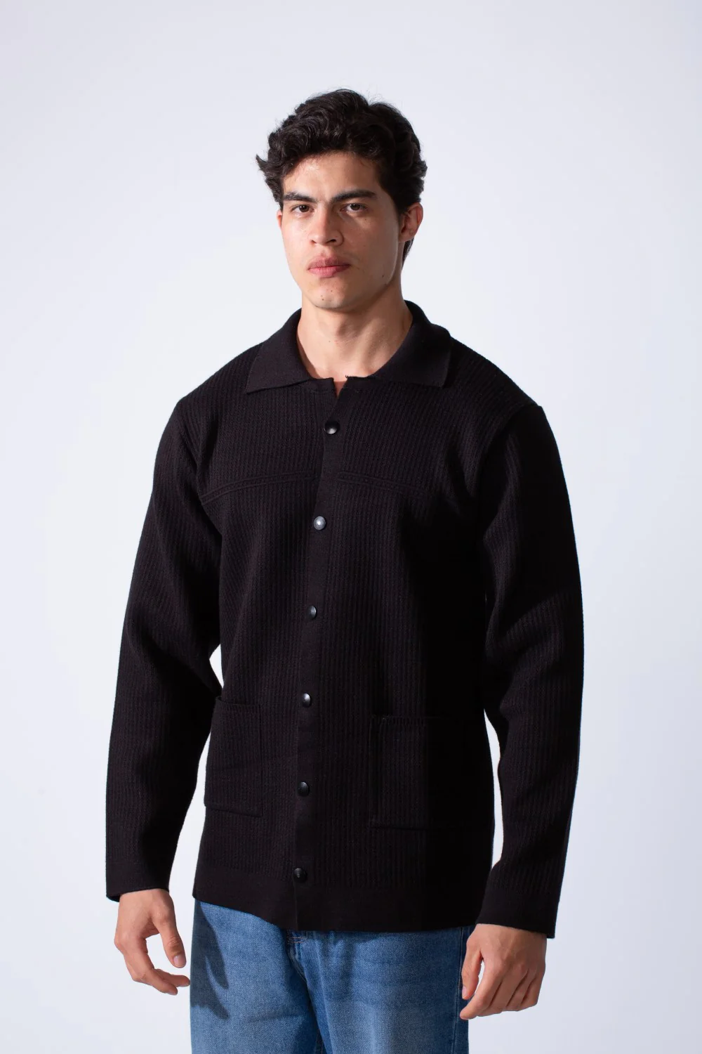 Men's Slim Fit Polo Neck Breathable Textured Fabric Front Pockets Knit Pullover - Image 5