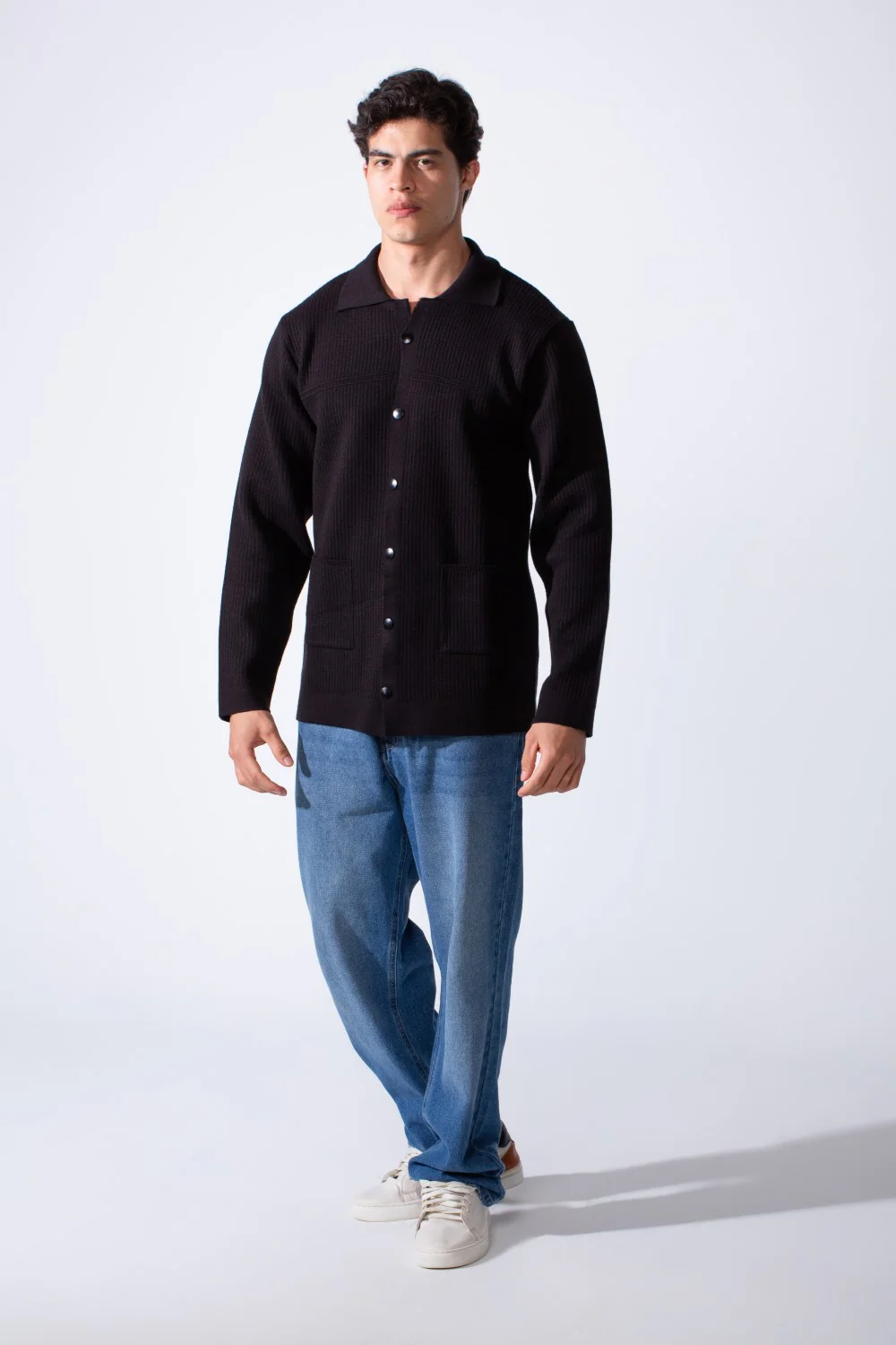Men's Slim Fit Polo Neck Breathable Textured Fabric Front Pockets Knit Pullover - Image 7